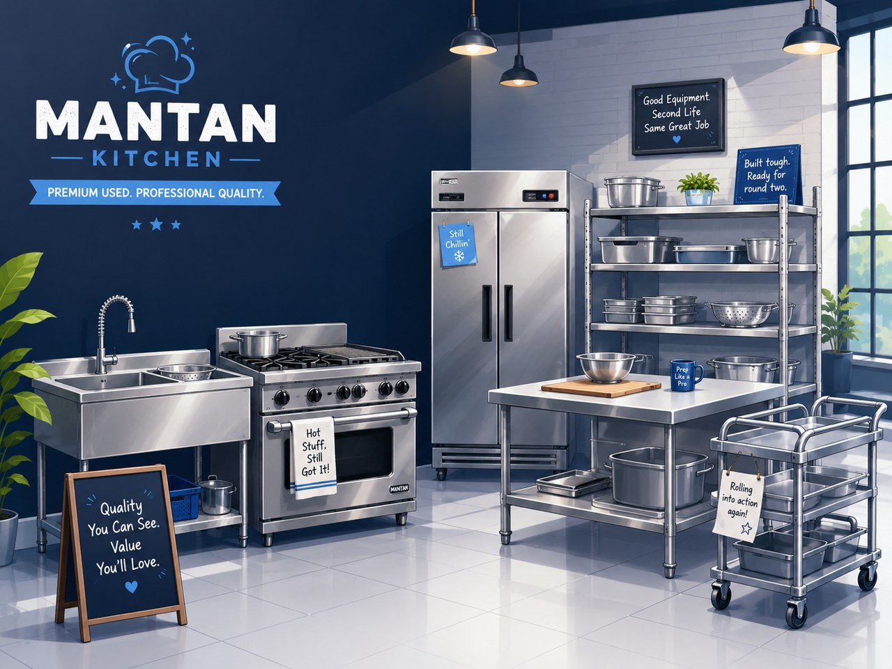 Ilustrasi showroom peralatan dapur bekas restoran Mantan Kitchen tanpa orang