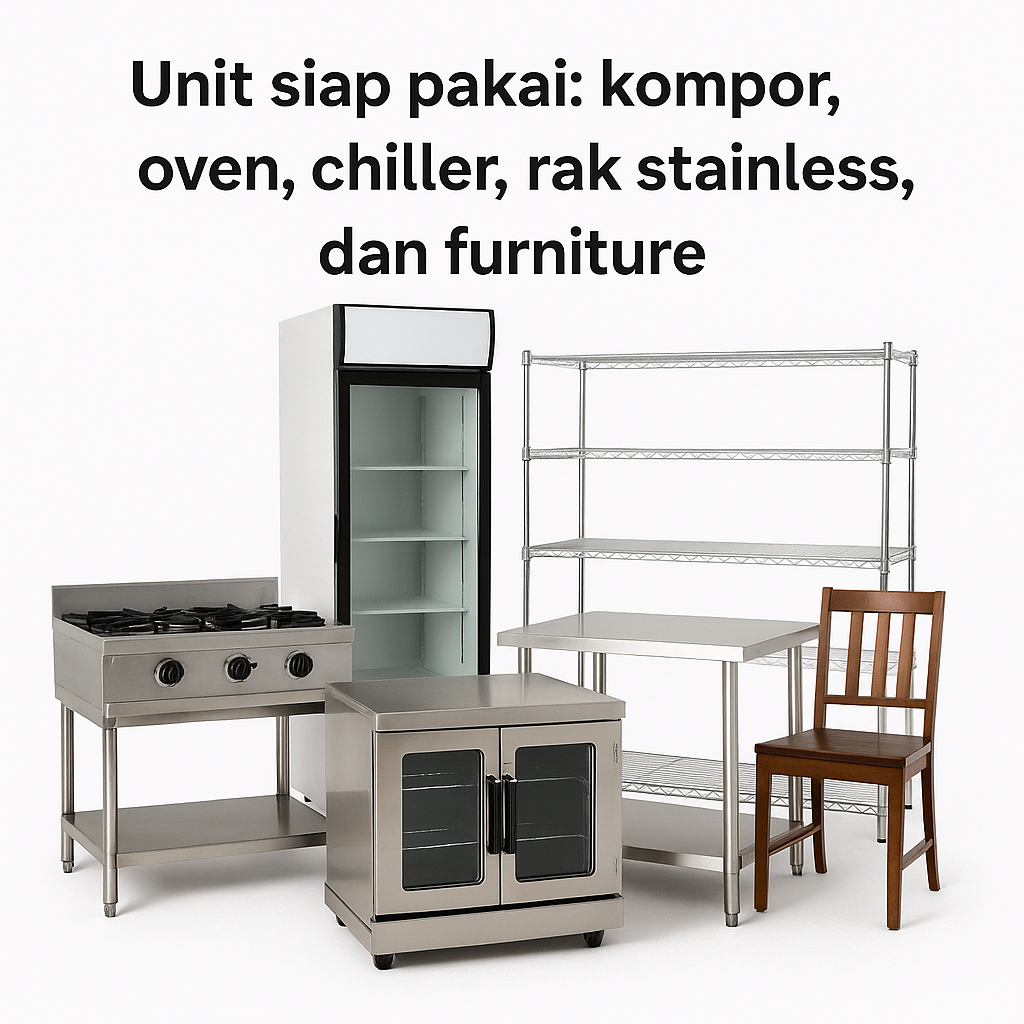Unit siap pakai kompor, oven, chiller, rak stainless, dan furniture.